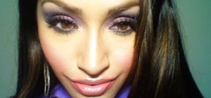 Apply a purple smokey eye makeup look inspired by Kim Kardashian