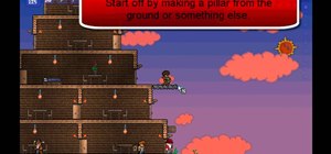Build a floating island from stone and dirt blocks in the land of Terraria