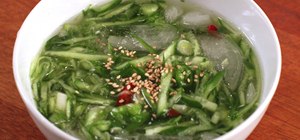 Make Korean cold cucumber soup (Oi naengguk)
