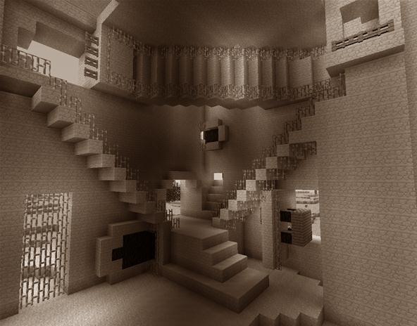 M. C. Escher's Gravity Defying Relativity Illusion Recreated in Minecraft