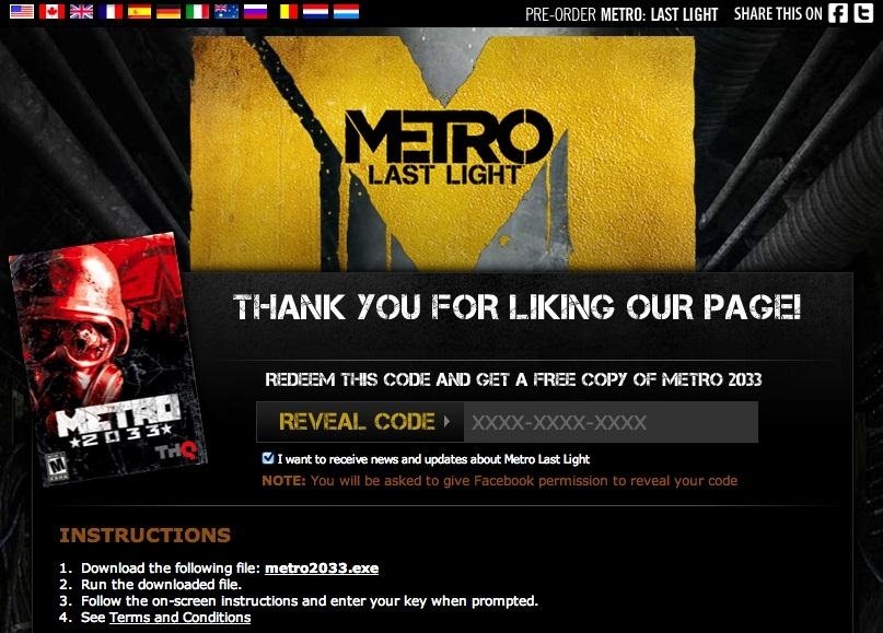 Get a Free PC Version of Metro 2033 for Liking the New Metro: Last Night Game on Facebook