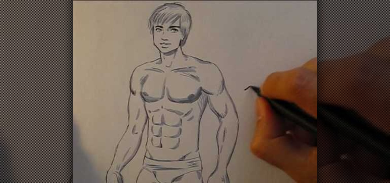 Draw a muscular male superhero body step by step. 