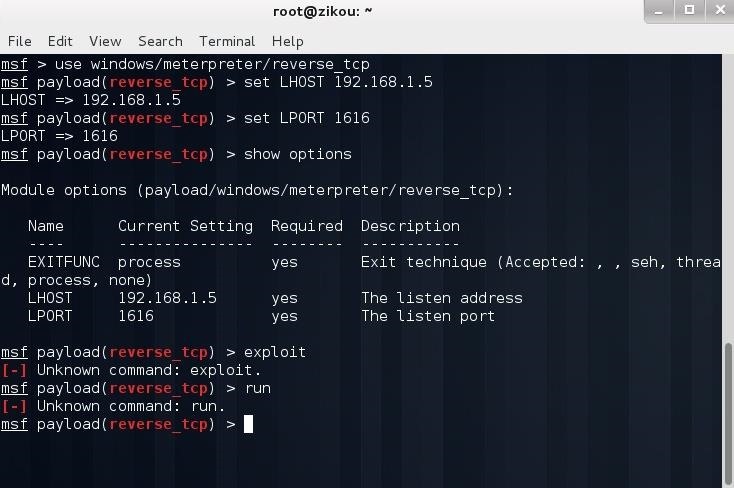 Problem with Metasploit reverse_tcp Unknown Command: Exploit.