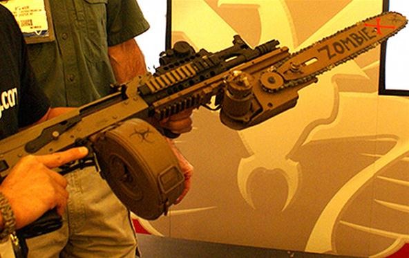 Zombie-hunting assault rifle with chainsaw bayonet