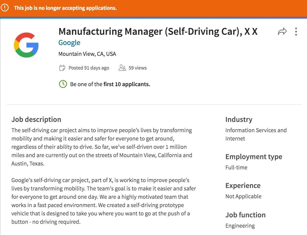 Google's Self-Driving Car Job Postings Hint at Big Things Coming