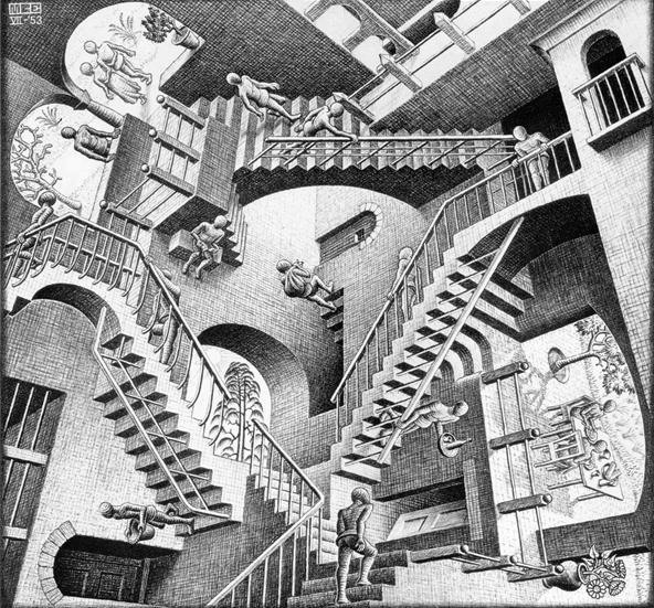 M. C. Escher's Gravity Defying Relativity Illusion Recreated in Minecraft