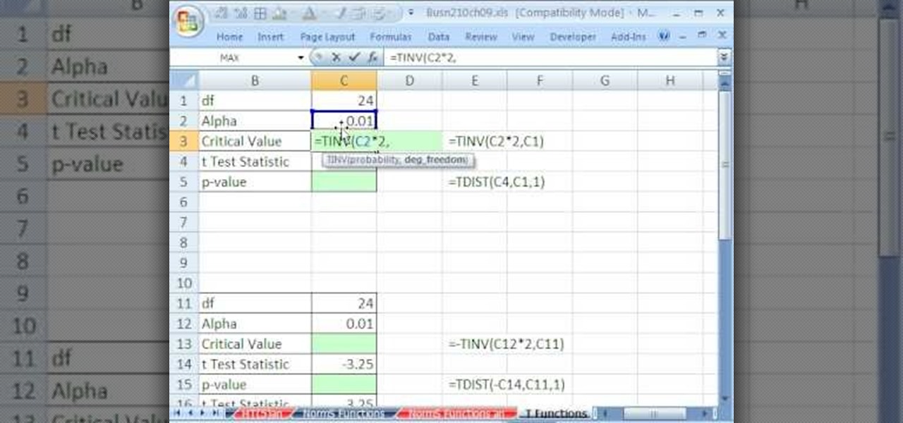 How to Find critical values with T functions in MS Excel