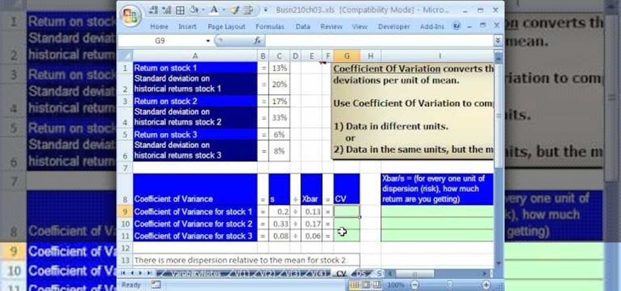 how to calculate the coefficient of variation  cv  in