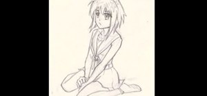 Draw a pencil sketch of an anime-style girl sitting down